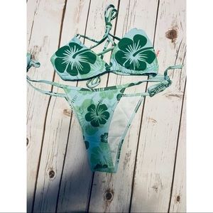2 piece bikini - mint green with darker green hibiscus flowers size small